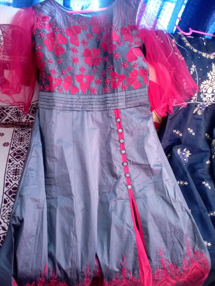 Beautiful Ethnic Gown Grey With Maroon Combination