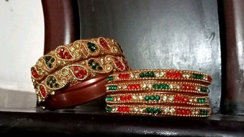 Beautiful Golden And Red Green Bangles Set ❤️