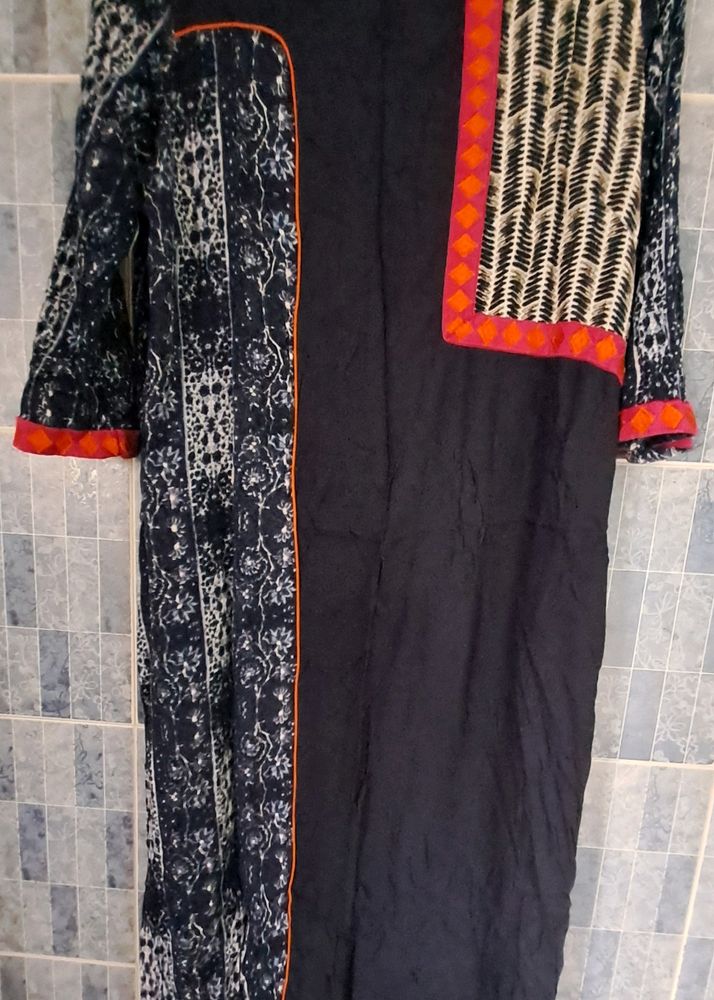 Beautiful Patch Worked Semi Crape Navy Blue Kurti