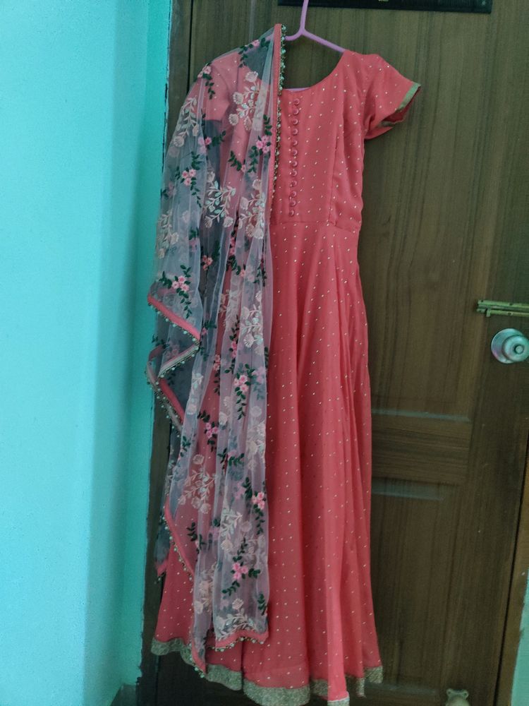 Peach Colour Beautiful Long Gown With Dupatta