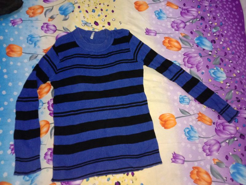 Blue Striped Flat Knit Sweater