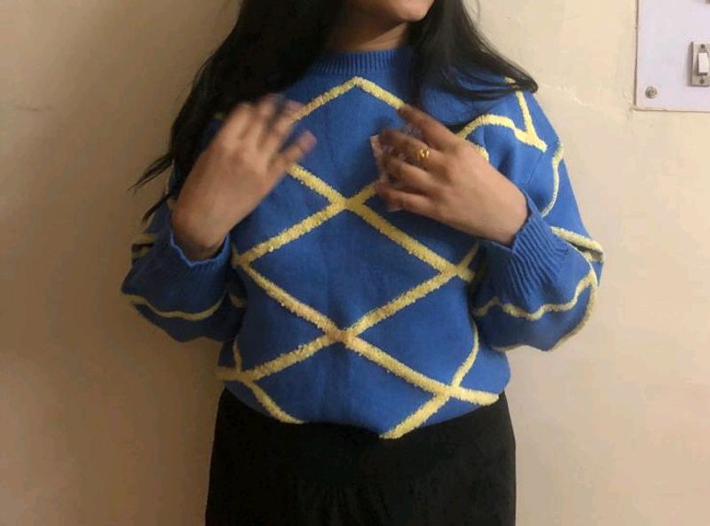 Blue Pullover Sweater With Yellow Strips Lines