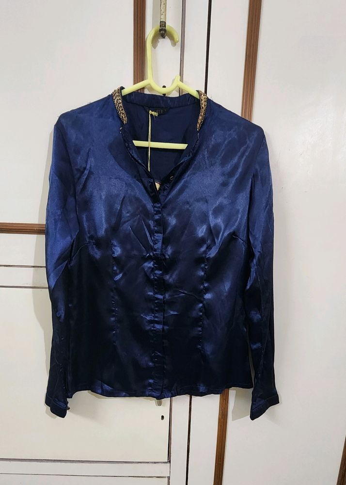 Fusion Party Navy Satin Embroidered Shirt