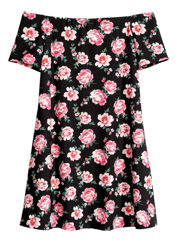 H&M Floral Pattern Black Pink Off shoulder Dress