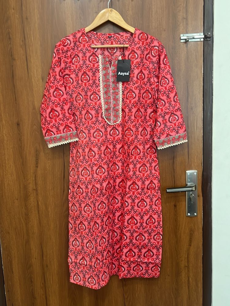 Red Floral Cotton Kurta For Women