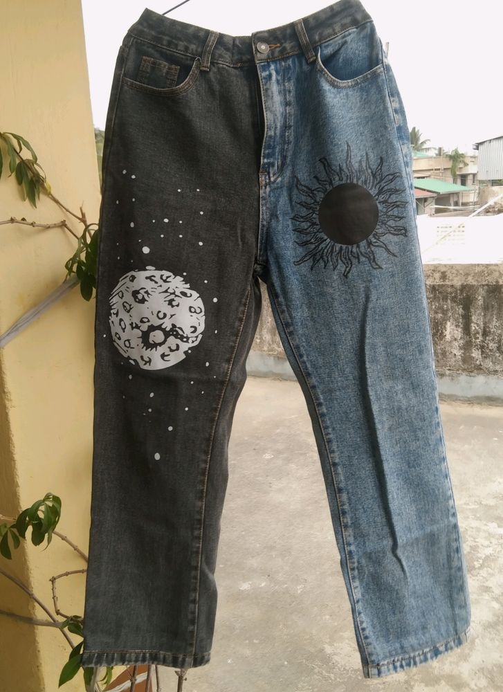 Y2k Patchwork Sun Moon Print Jeans