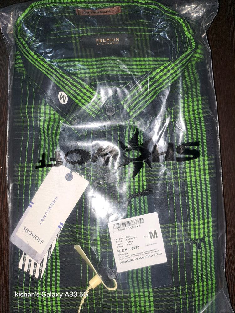 Branded Shirt Black Colour With Green Check Prints