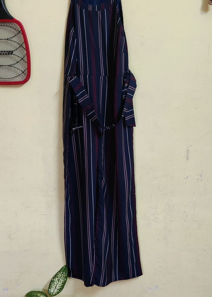 FabAlley Navy Blue Striped Belted Jumpsuit