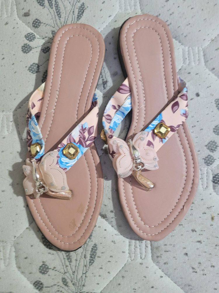 Fancy Flat Pink T Strap Slipper Chappal For Woman