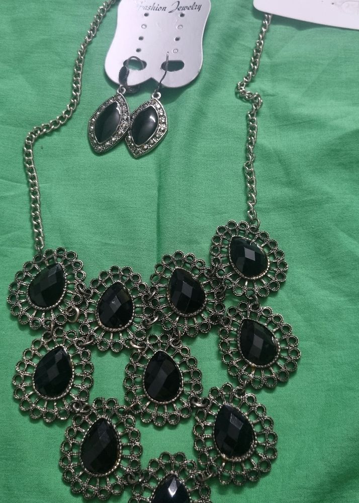 Black Oxidised Silver Necklace And Earring Set