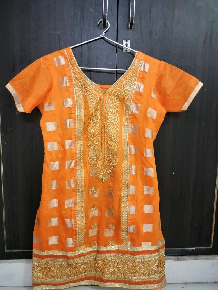 Orange Short Kurta With Golden Embroidery