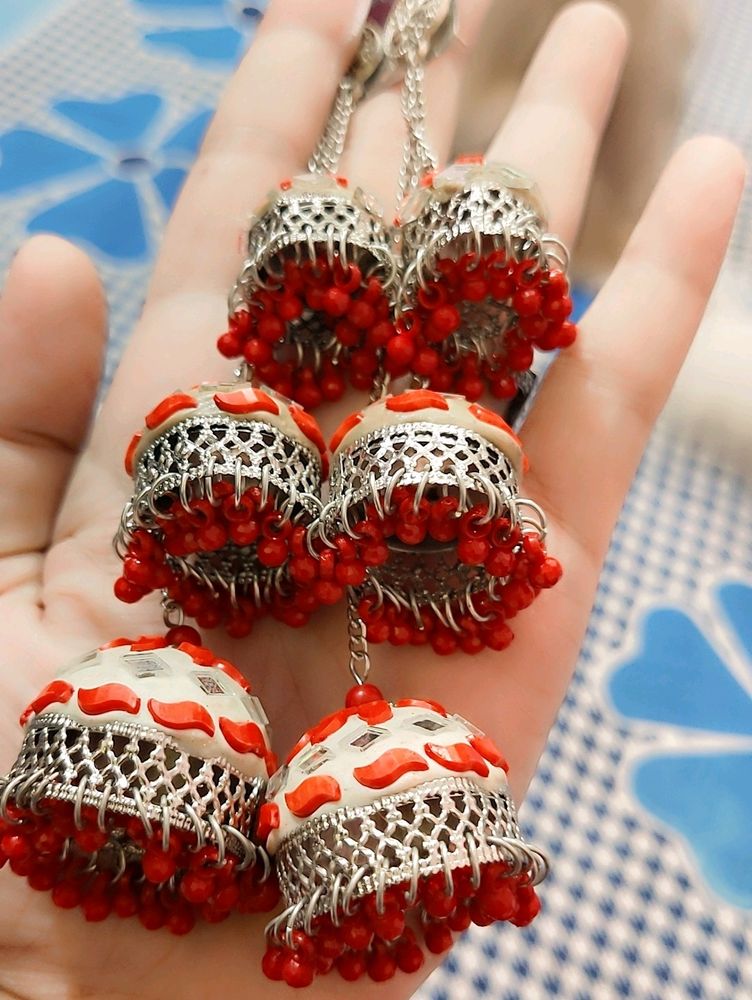 Beautiful Three Layer Jhumka Red In Color