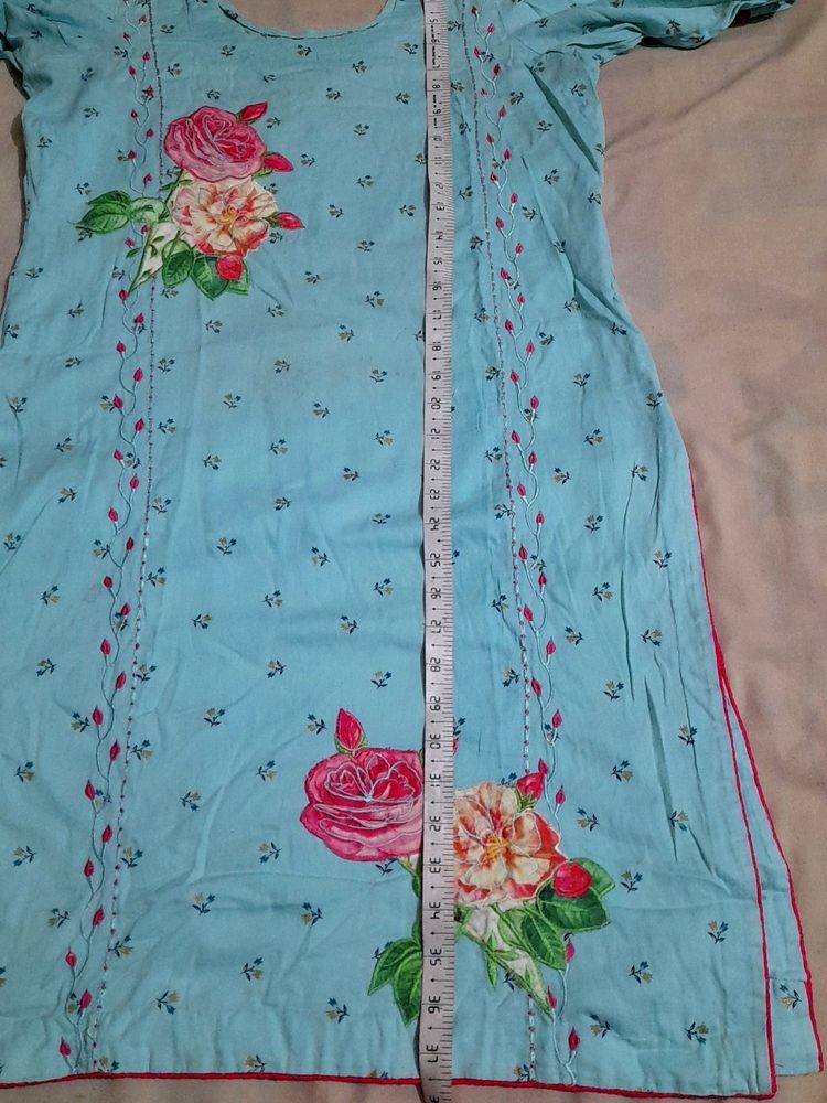 Teal Blue Coloured Buti Print With Thread and applique Work Kurti And Straight Pant.