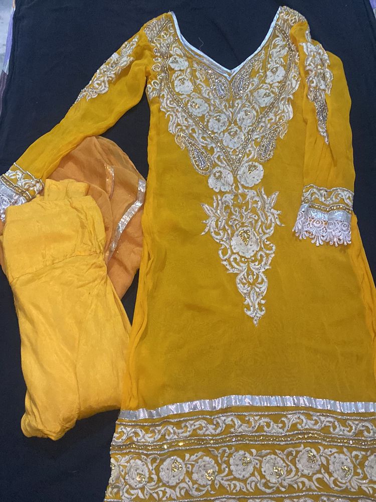 Yellow Heavy Work Stitched Suit With Bottom And Duppata