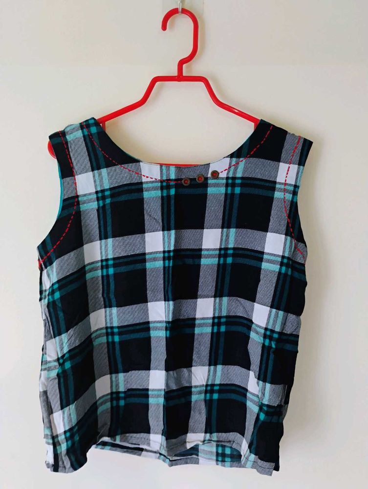 Blue Checked Embroidered Straight Crop Top