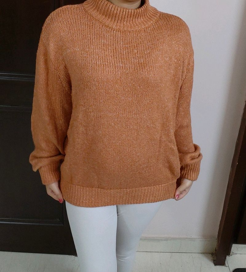 Women Orange Crew Neck Oversized Knit Rib Sweater