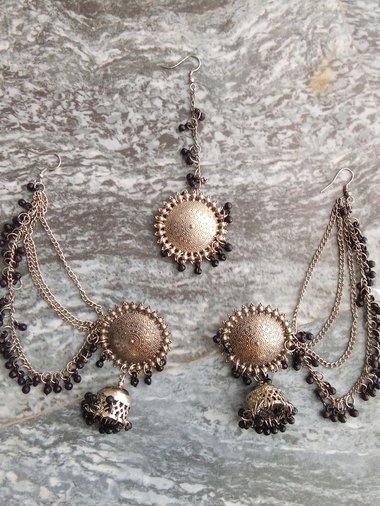 Earrings + Maang Tika [Oxidised]