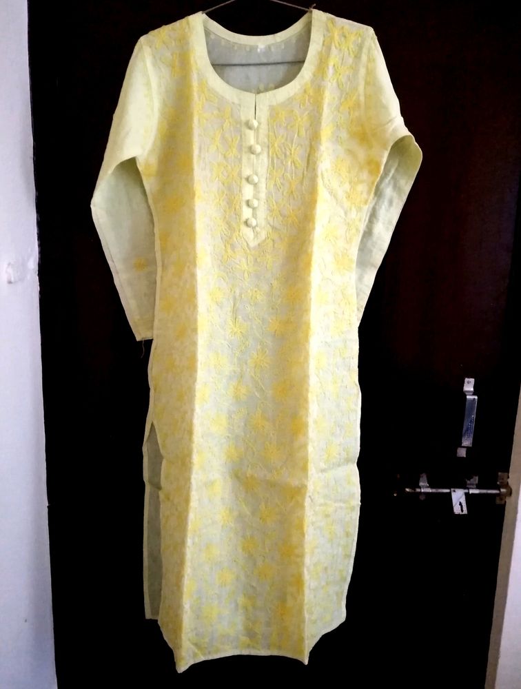 Chikankari Yellow Long Kurti