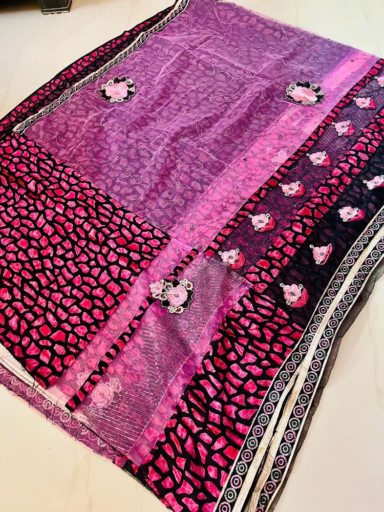 A Beautiful Pink Black Combination Floral Saree