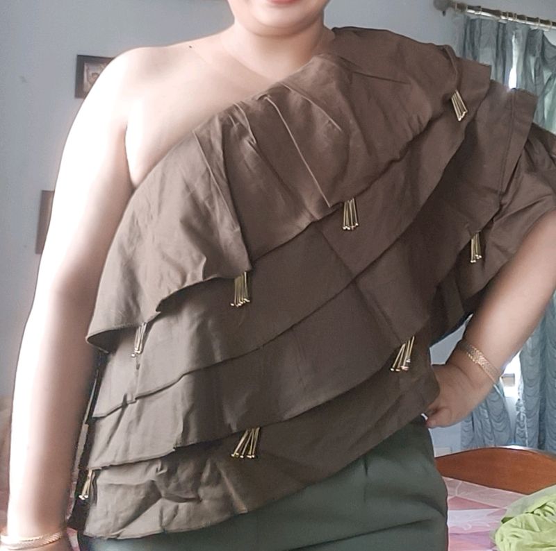 Brown One Side Off Shoulder Cape/Top