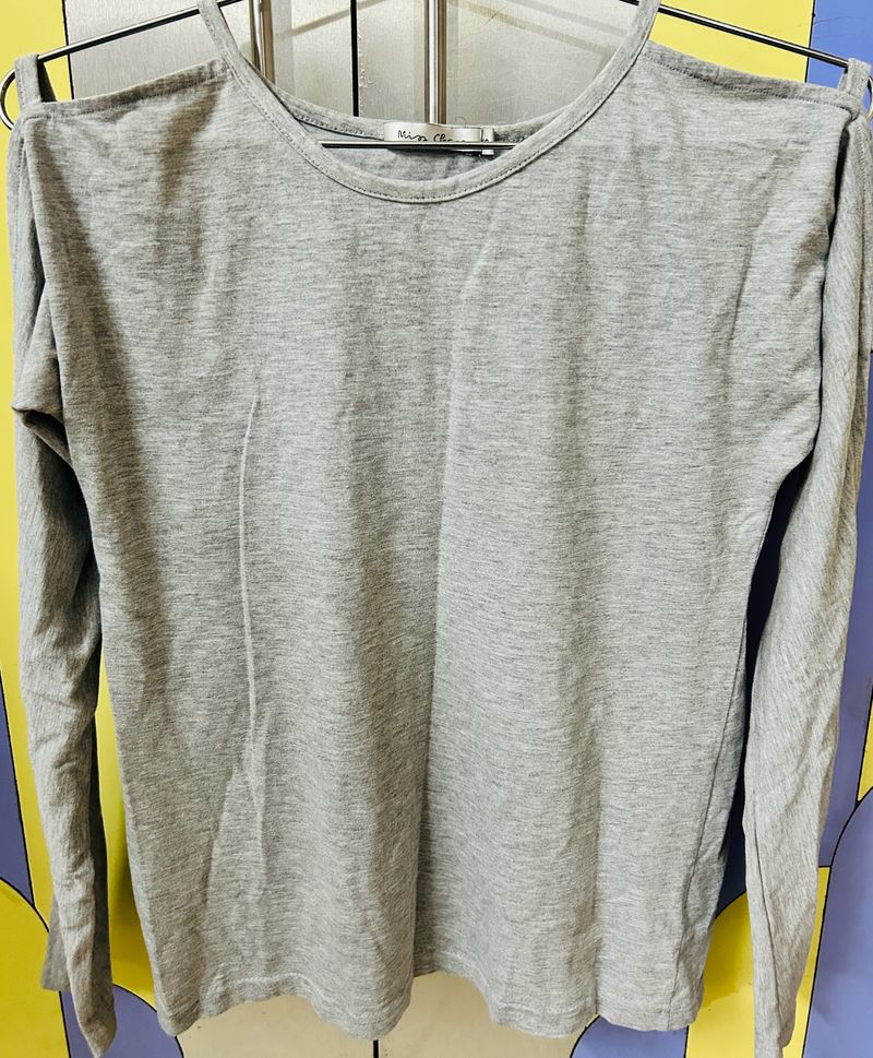 Grey Solid Long Sleeves With Cut-out Detail Top