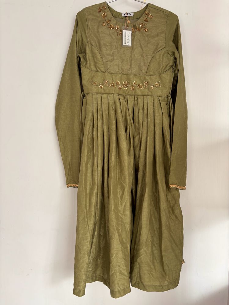 Olive Pleated Kurta-XS