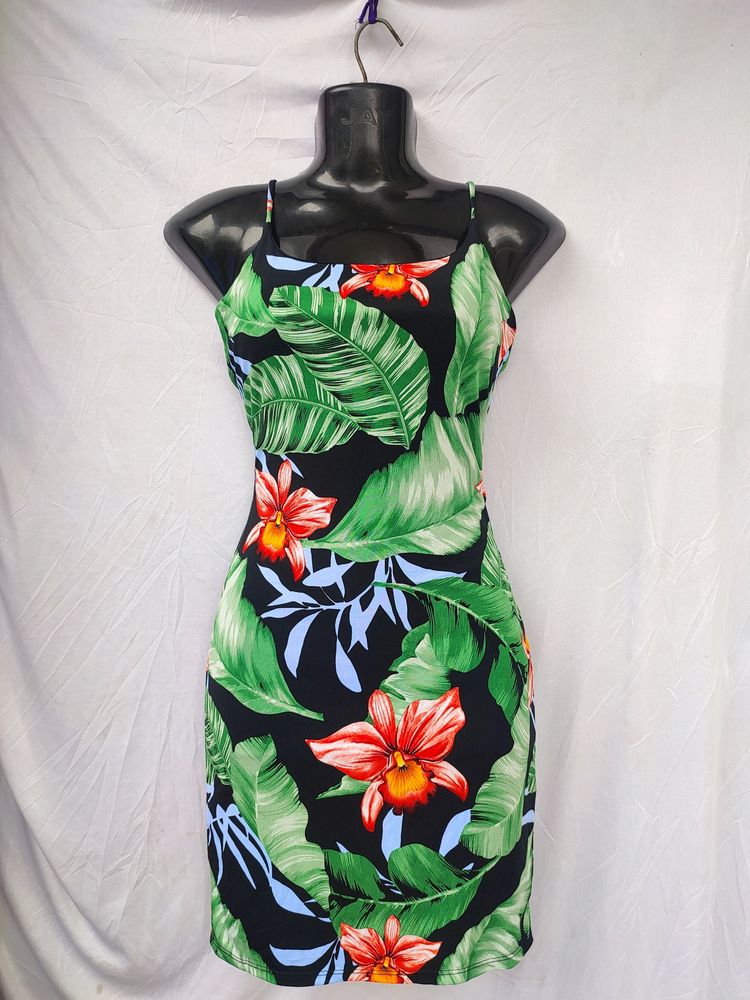 Black Tropical Mini Dress With Criss Cross Back