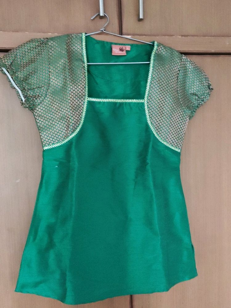 Women Green Silk Short Kurti/ Top/ Blouse