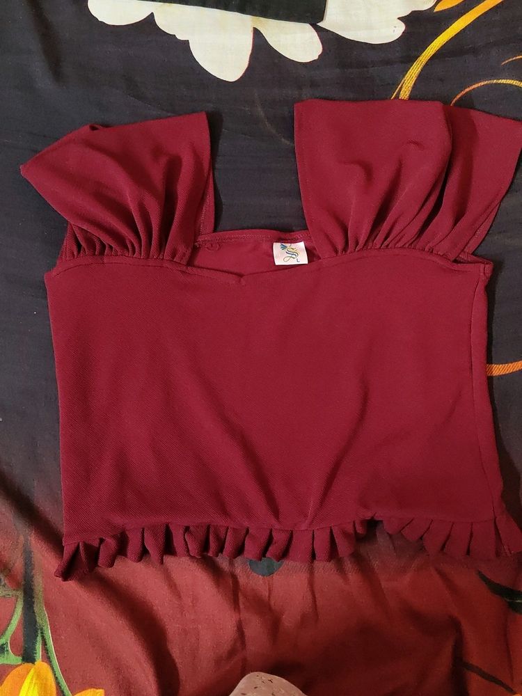 Maroon Crop Top With Ruched Sleeve