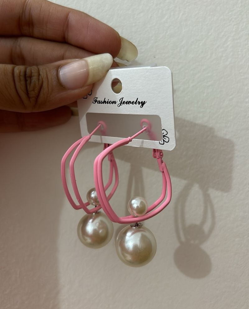 Baby Pink Earrings With Pearl Drop