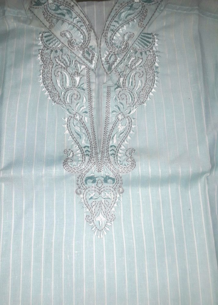 Light Sea Green Color Men's Cotton Kurta With Embroidery On Collar and Neck