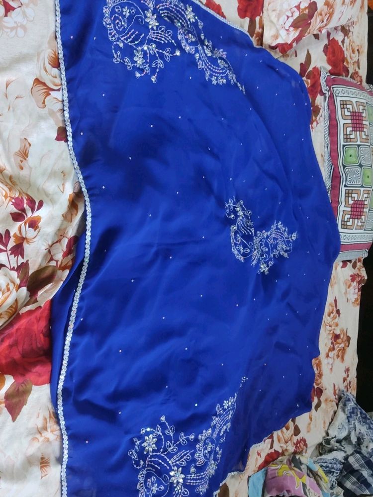 Beautiful Blue Colour Hand Embroidery Saree