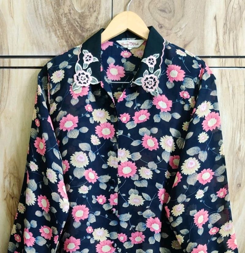 Pink Flower Black Shirt Size-42