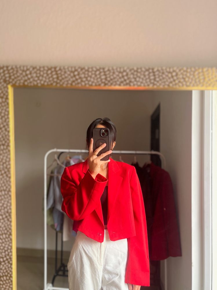 Mandarin Collar Long Sleeve Red Crop Blazer