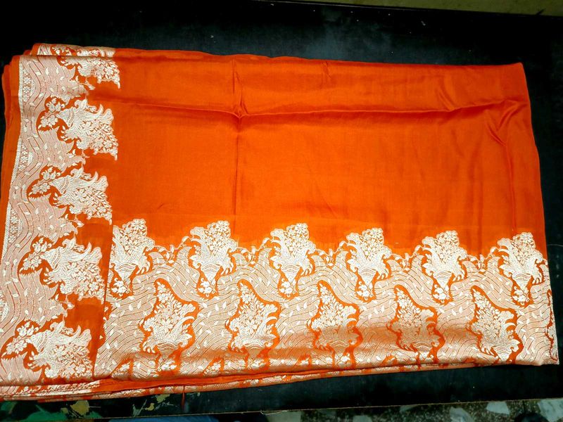 Bright Orange Saree With Thin Silver Border