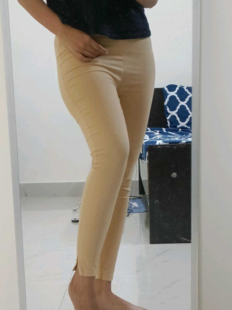 Golden Beige Cotton Ankle Length Leggings