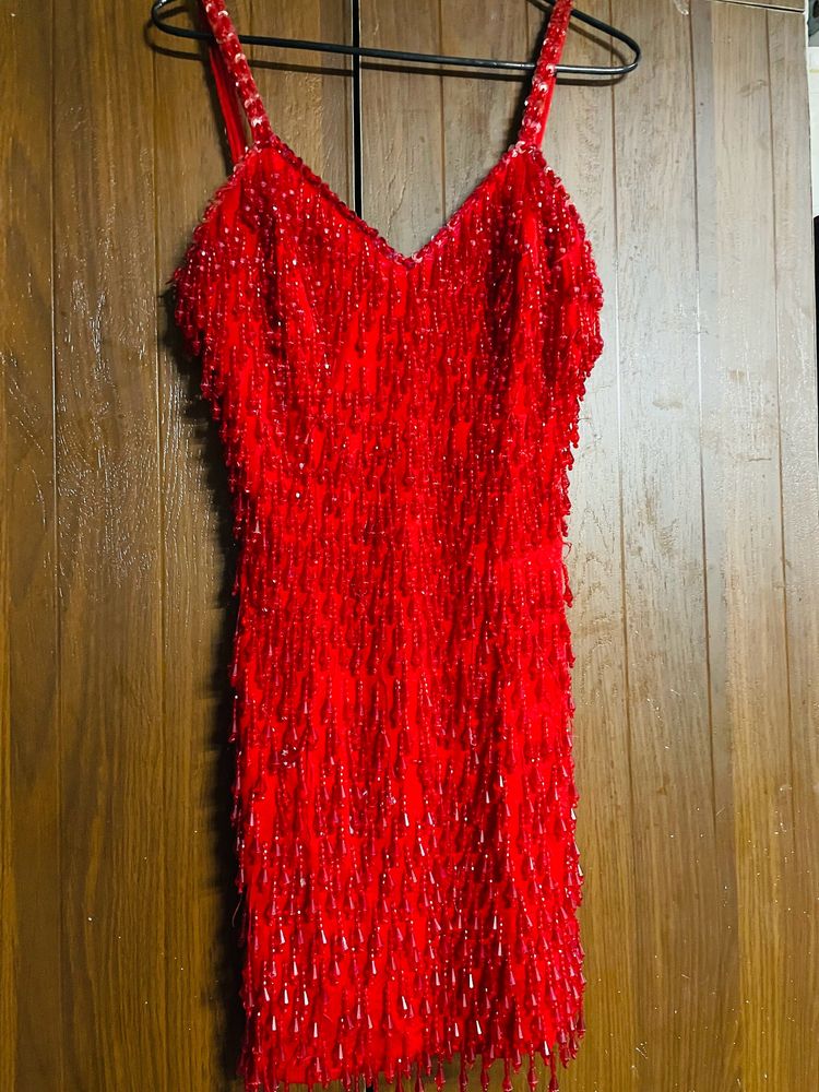 90s Red Beaded Fringe Prom Dress