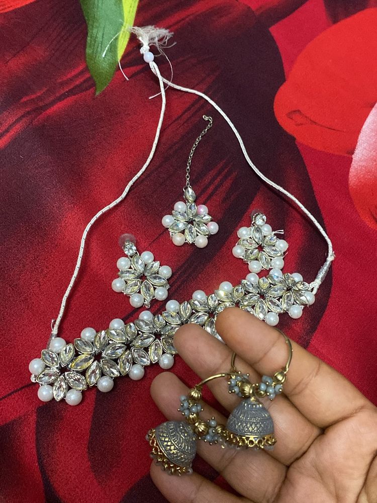 White Dimong Choker With Jhumka Set