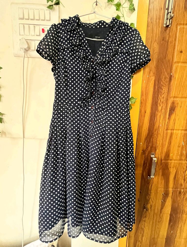 Polka Dotted Aline Dress: Blue And White