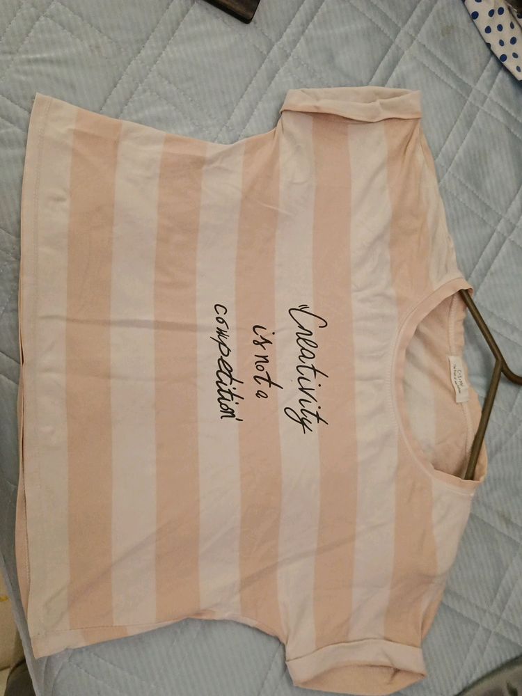 Pink And White Crop T- Shirt For Girls , Free Size