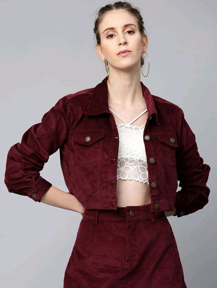 Women Burgundy Corduroy Crop Jacket