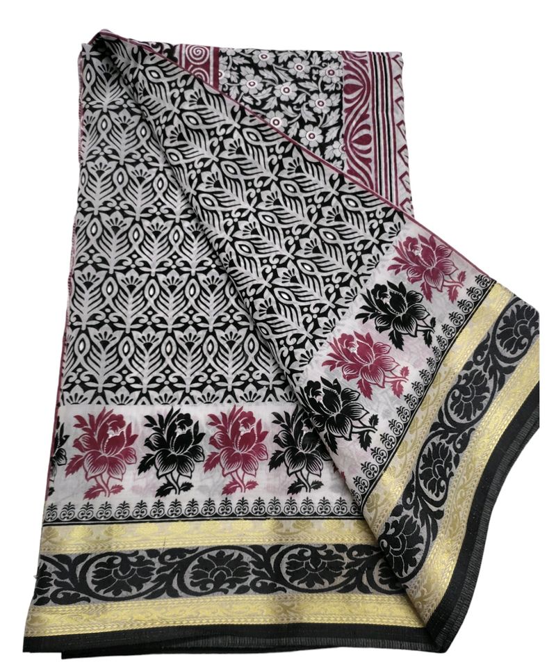 New White Cotton Saree Black Prints #flashsale