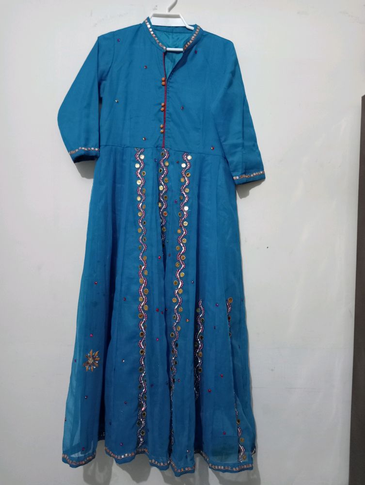 Anarkali Blue Dress With Mirror Work & Embroidery