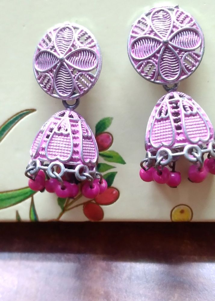 Silver Oxidized Earring In Pink Colour