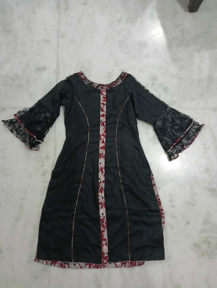 A Line Black Kurti With Flared Sleeves