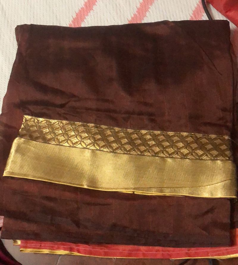 Cofee Brown And Peach Saree Vthout Blouse