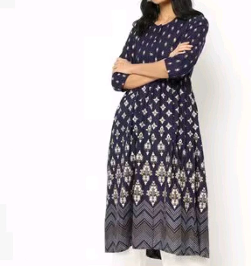 Navy Printed A Line Kurti