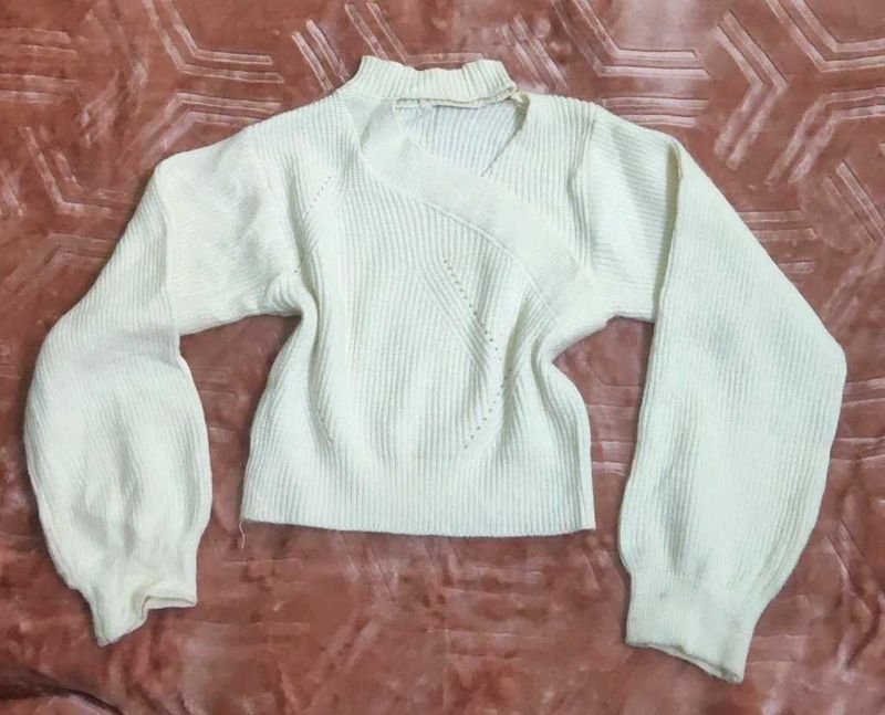 White  Neck Cut Sweater  With Puff Hands