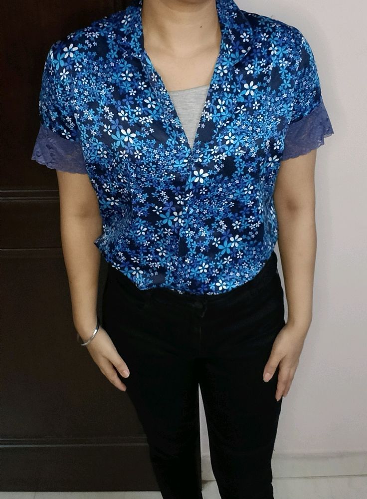 Women Blue Floral Printed Lace Shirt