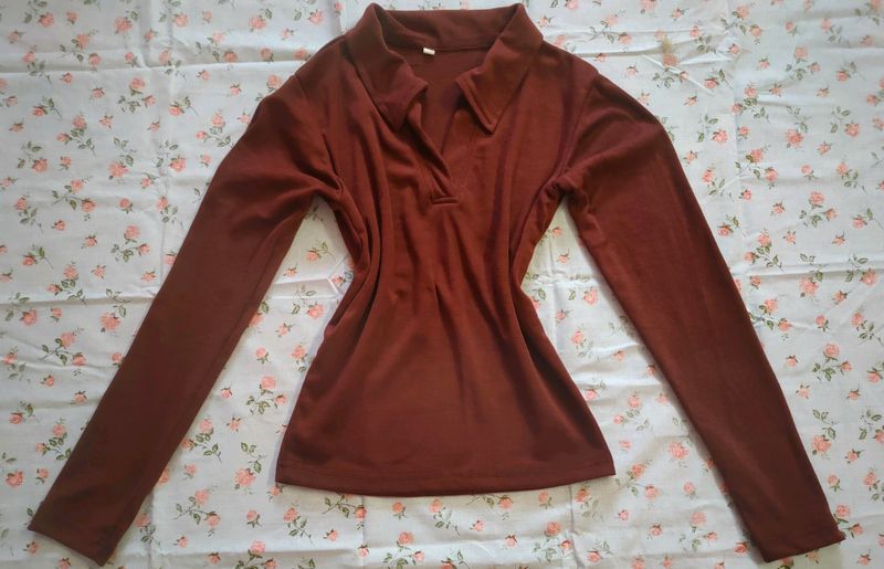 Coffee Brown Long Sleeve Collar Top